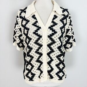 Ultra Pink Crochet Cardigan Womens Small Black Cream Geometric Sheer S/S Top
